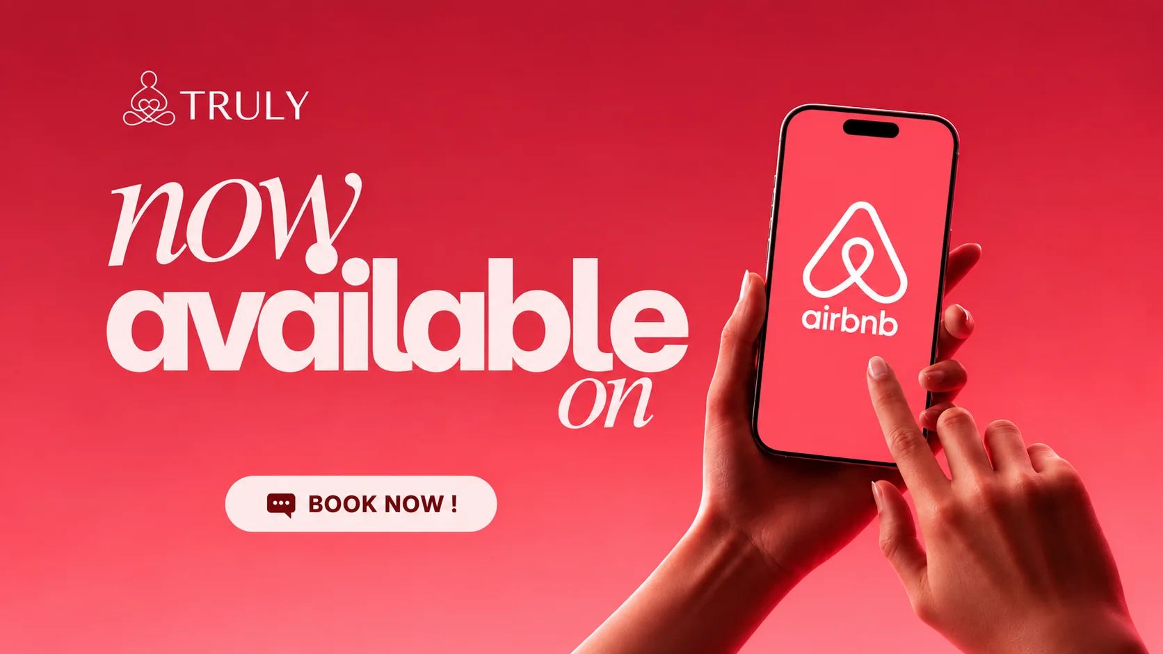 Tangan memegang ponsel menampilkan logo Airbnb dengan teks Now available on — Truly Home Massage kini tersedia di Airbnb