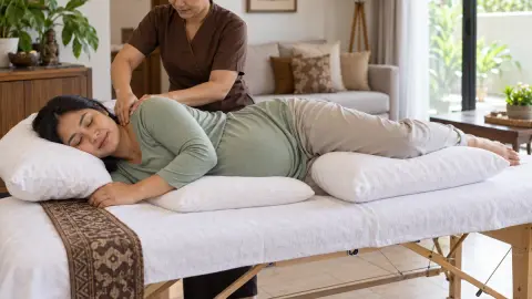 Ilustrasi pregnancy massage dengan posisi berbaring miring dan penyangga bantal