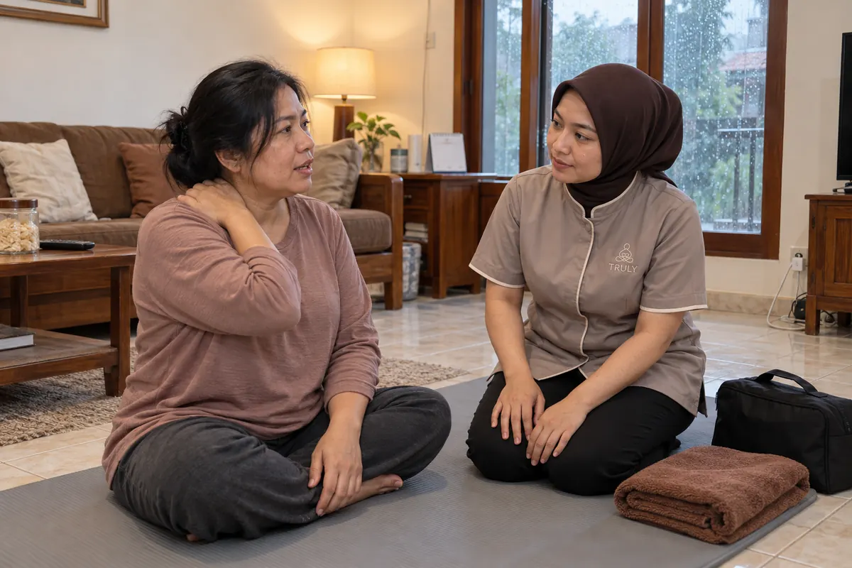 Pelanggan berpakaian lengkap duduk di matras sambil memegang bahunya yang kaku, didengarkan terapis berhijab berseragam Truly sebelum sesi pijat di ruang keluarga saat hujan