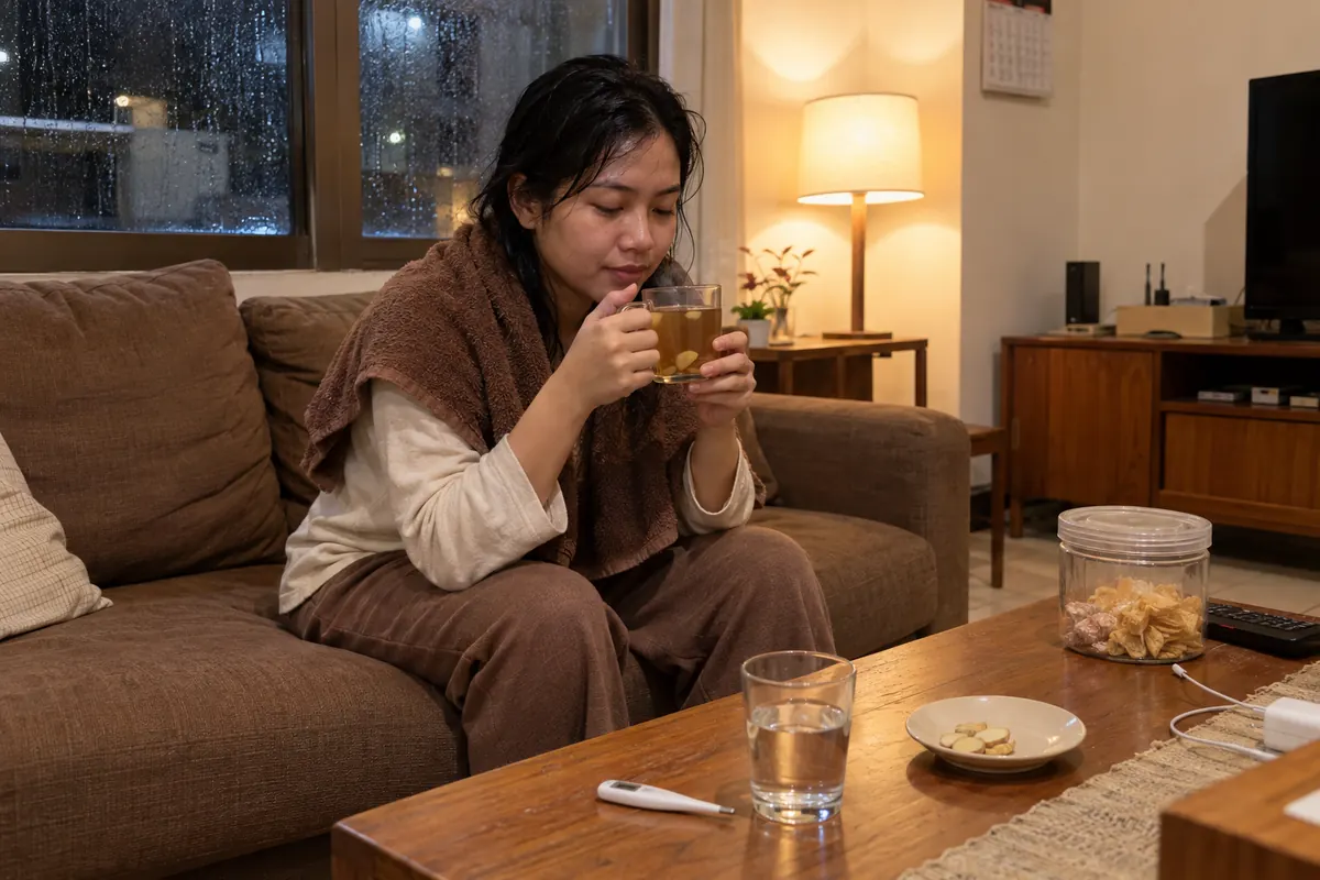 Perempuan berbaju kering dengan handuk cokelat di bahu menyesap wedang jahe hangat di sofa, dengan termometer dan segelas air di meja serta hujan di balik jendela