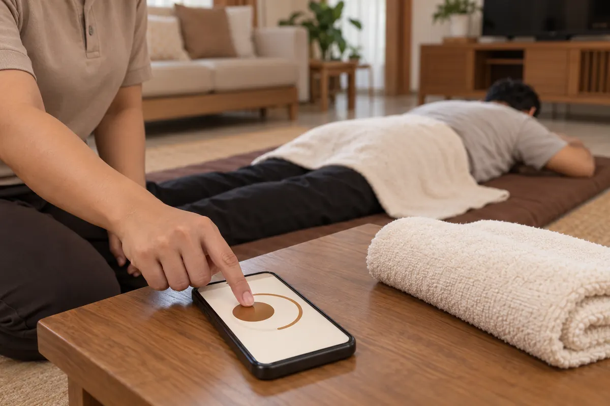 Terapis menyalakan timer di ponsel sebelum sesi pijat, dengan pelanggan berpakaian lengkap berbaring di atas matras di ruang keluarga